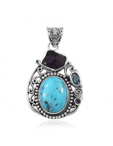 Artisan Crafted Persian Turquoise, Multi Gemstone Pendant in Sterling Silver