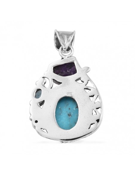 Artisan Crafted Persian Turquoise, Multi Gemstone Pendant in Sterling Silver