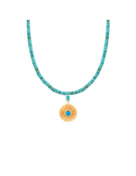 Blue Turquoise Chain & Gold Flower Necklace | Turquoise Jewelry