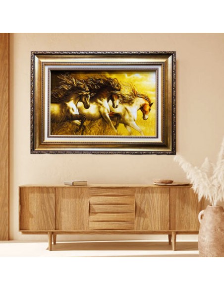 Tabriz Hand-Woven Silk Pictorial Carpet "Three Horses" Wall Art