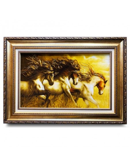 Tabriz Hand-Woven Silk Pictorial Carpet "Three Horses" Full View