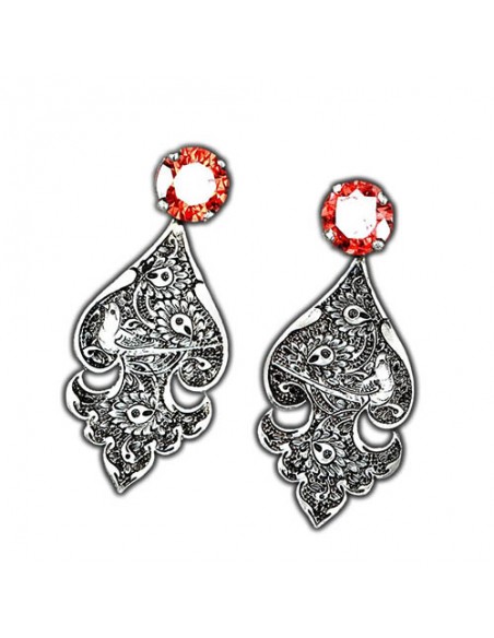 Carved Silver Earrings | Synthetic Ruby Drop Earrings