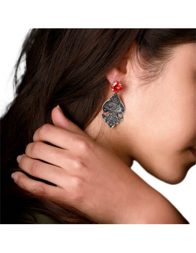 Carved Silver Earrings | Synthetic Ruby Drop Earrings