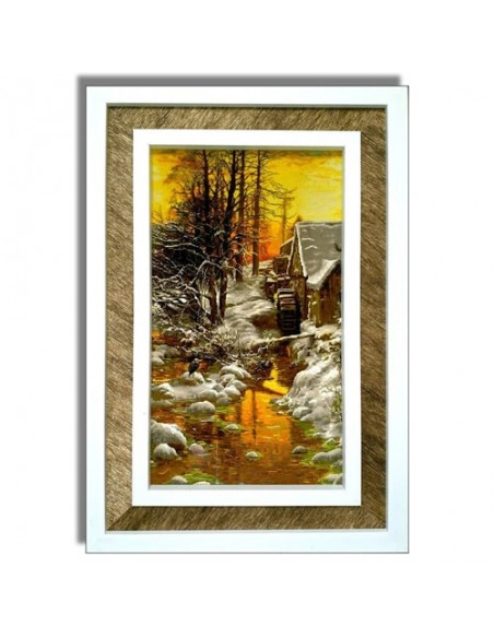Tabriz silk hand-knotted pictorial rug "Winter Sunset AG-785" full view Tabriz silk hand-knotted pictorial rug "Winter Sunset AG-785" full view