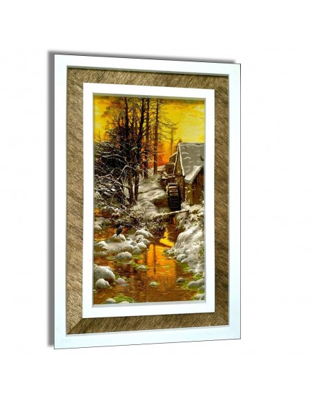 Tabriz silk hand-knotted pictorial rug "Winter Sunset AG-785" left angle