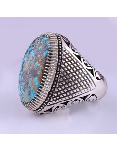 Hand Engraved Silver Blue Turquoise Men's Ring AC-937 fv 2