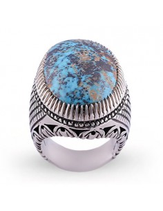 Hand Engraved Silver Blue Turquoise Men's Ring AC-937 fv