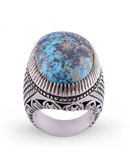Hand Engraved Silver Blue Turquoise Men's Ring AC-937 fv