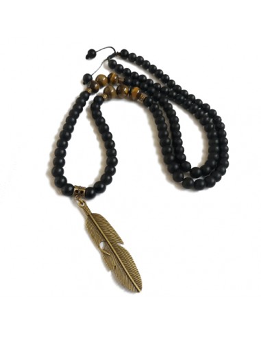Beaded Onyx With Feather Pendant Men's Necklace AC-975
