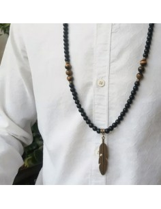 Beaded Onyx Necklace Band | Bronze Feather Pendant Men's Necklace 2