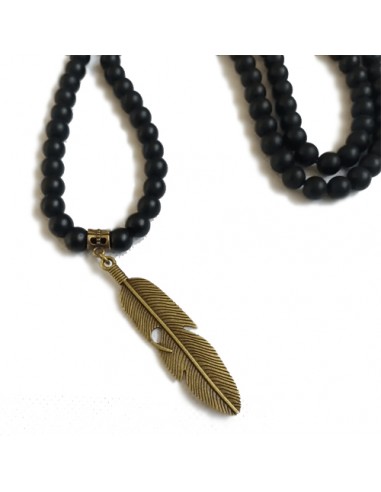 Beaded Onyx Necklace Band | Bronze Feather Pendant Men's Necklace