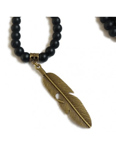Beaded Onyx Necklace Band | Bronze Feather Pendant Men's Necklace