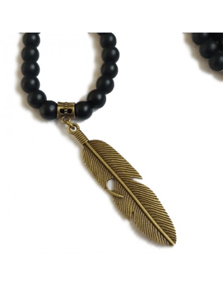 Beaded Onyx Necklace Band | Bronze Feather Pendant Men's Necklace