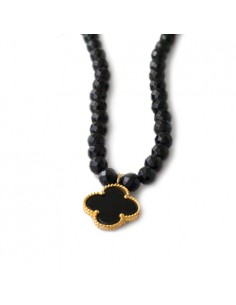 Beaded Black Onyx With Golden Clover Pendant Necklace AC-986 fv1