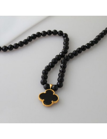 Beaded Black Onyx With Golden Clover Pendant Necklace AC-986 fv3