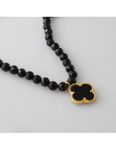 Beaded Black Onyx With Golden Clover Pendant Necklace AC-986 fv3