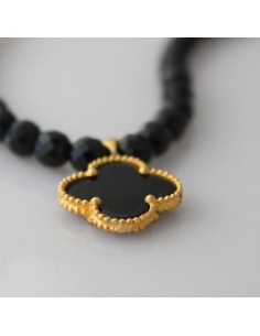 Beaded Black Onyx With Golden Clover Pendant Necklace AC-986 fv1 2