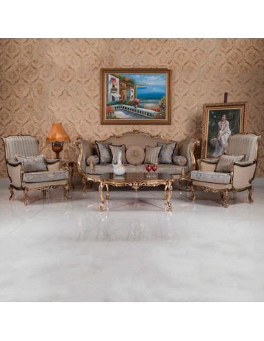 gold wooden camelback sofa set