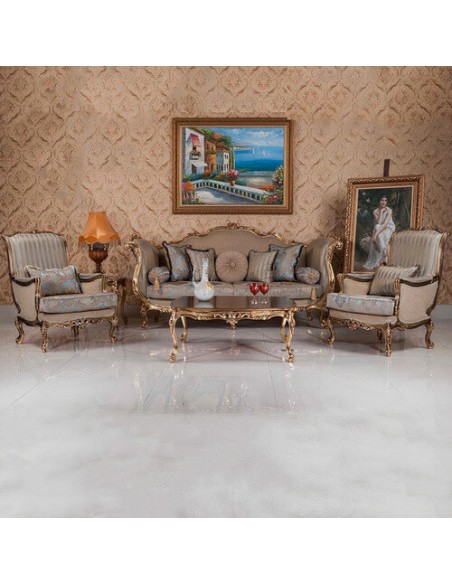 gold wooden camelback sofa set