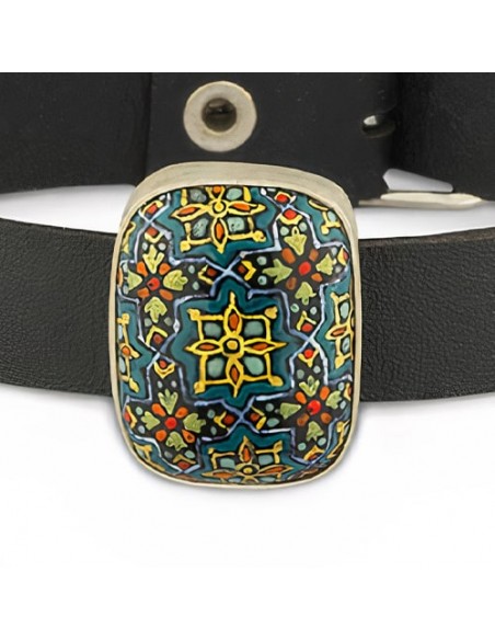 Hand Painted Minakari Silver & Leather Bracelet AC-1010 zi