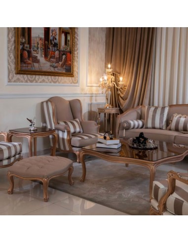 grey wooden camelback sofa set - ottoman