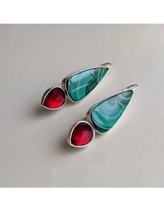 Malachite & Rubin Gemstone Silver Stud Earrings AC-1041 fv 2