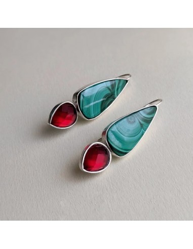 Malachite & Rubin Gemstone Silver Stud Earrings AC-1041 fv1