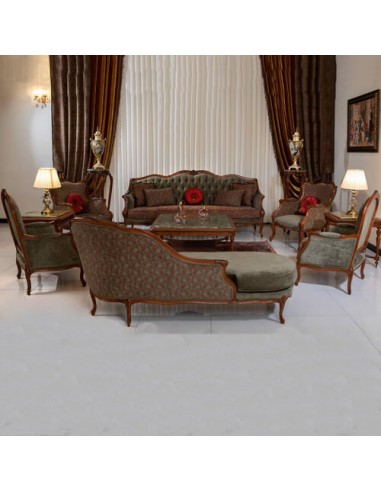 high-luxe wood and velvet sofa set