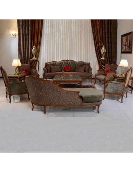 high-luxe wood and velvet sofa set