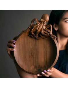 Eccentric Hand Carved Walnut Wood Octopus Plate HC-1050 fv 2