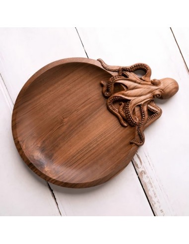 Eccentric Hand Carved Walnut Wood Octopus Plate HC-1050 fv1