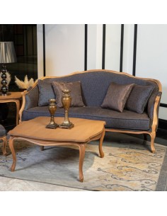 wooden grey sofa and coffee table