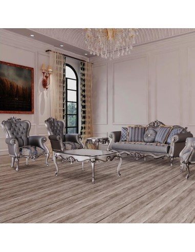grey woodcarving brocaded velvet sofa set