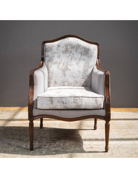 grey wooden carved accent chair