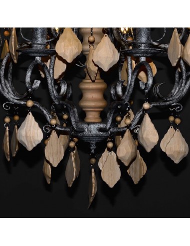 woodcarving and iron chandelier - details