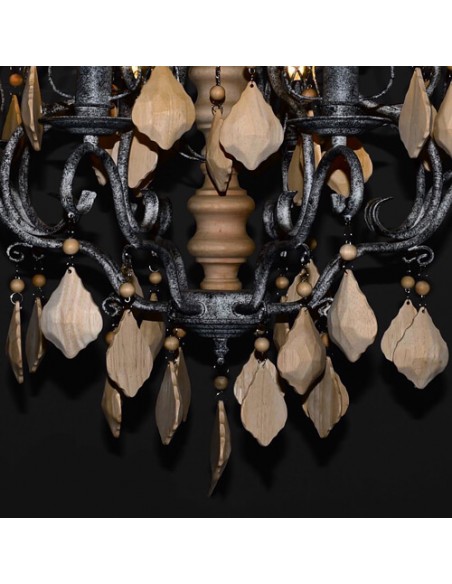 woodcarving and iron chandelier - details woodcarving and iron chandelier - details