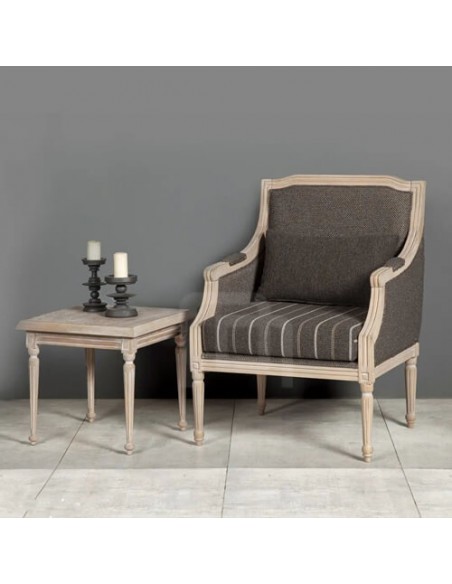 grey wooden and cotton accent chair