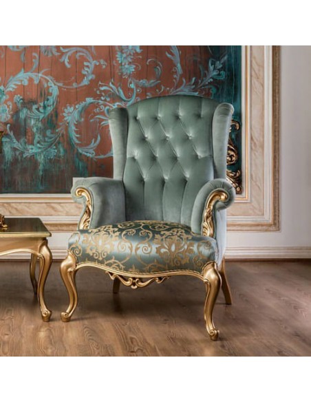 golden and blue wood frame accent chair