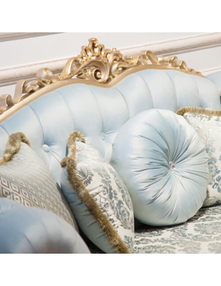 golden and blue wood frame sofa - details