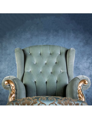 golden and blue wood frame accent chair - details