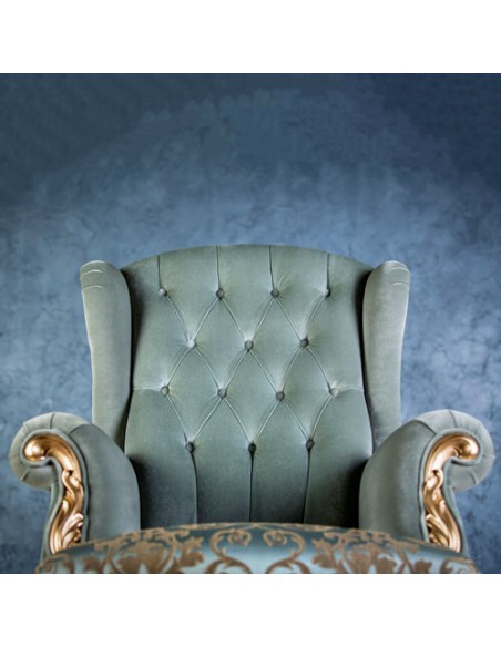 golden and blue wood frame accent chair - details