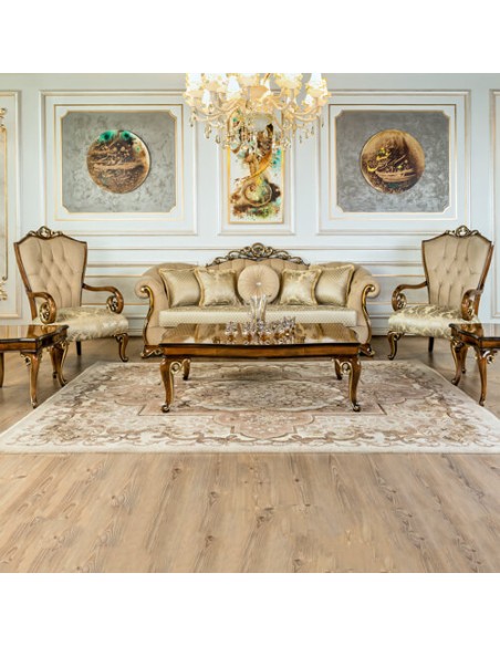 beige camelback wood frame sofa set