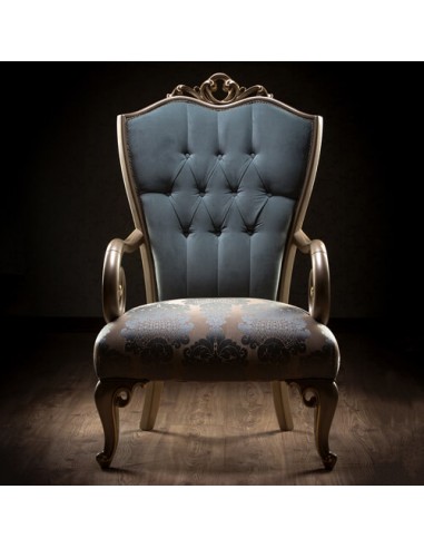 blue camelback wood frame armchair - frontal