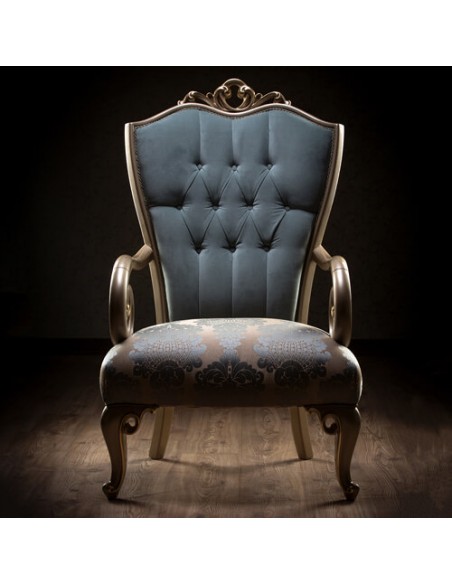 blue camelback wood frame armchair - frontal