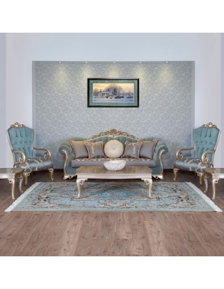 blue camelback wood frame sofa set