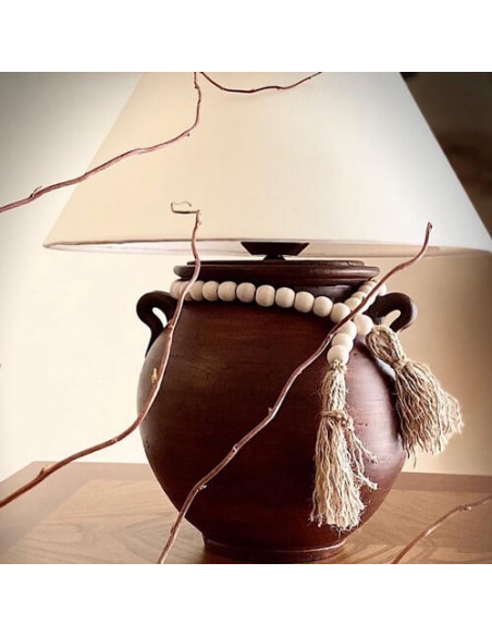 brown pottery table lamp with beads
