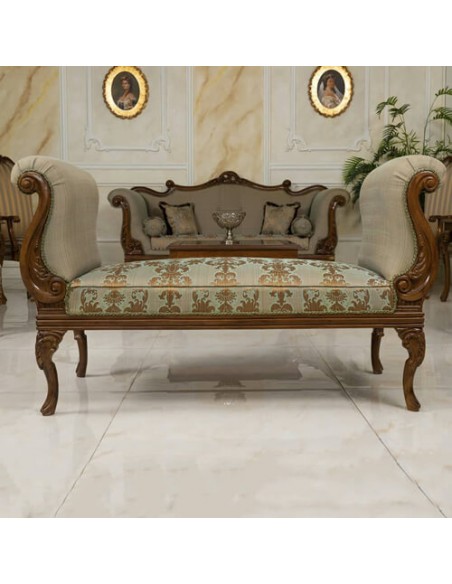 wooden sofa and chaise longue in brocade cotton