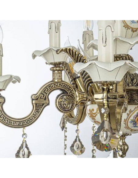 brass glass and ceramic chandelier - details