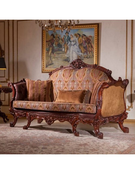 brown leatherette and velvet sofa