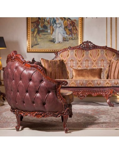 brown leatherette and velvet accent chair - backward